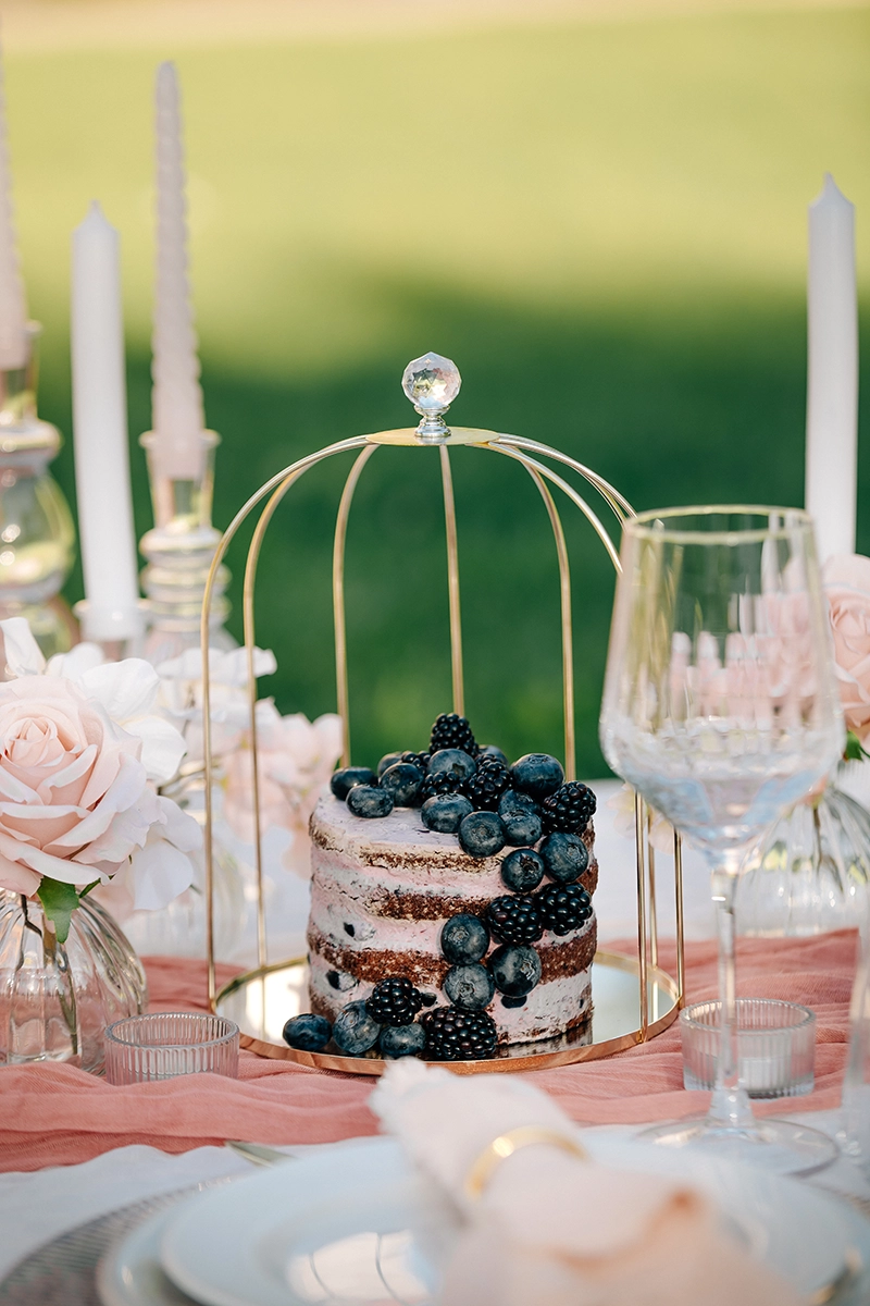 Exklusive Verlobungstorte mit Beeren in einem goldenen Deko-Käfig beim Heiratsantrag.
