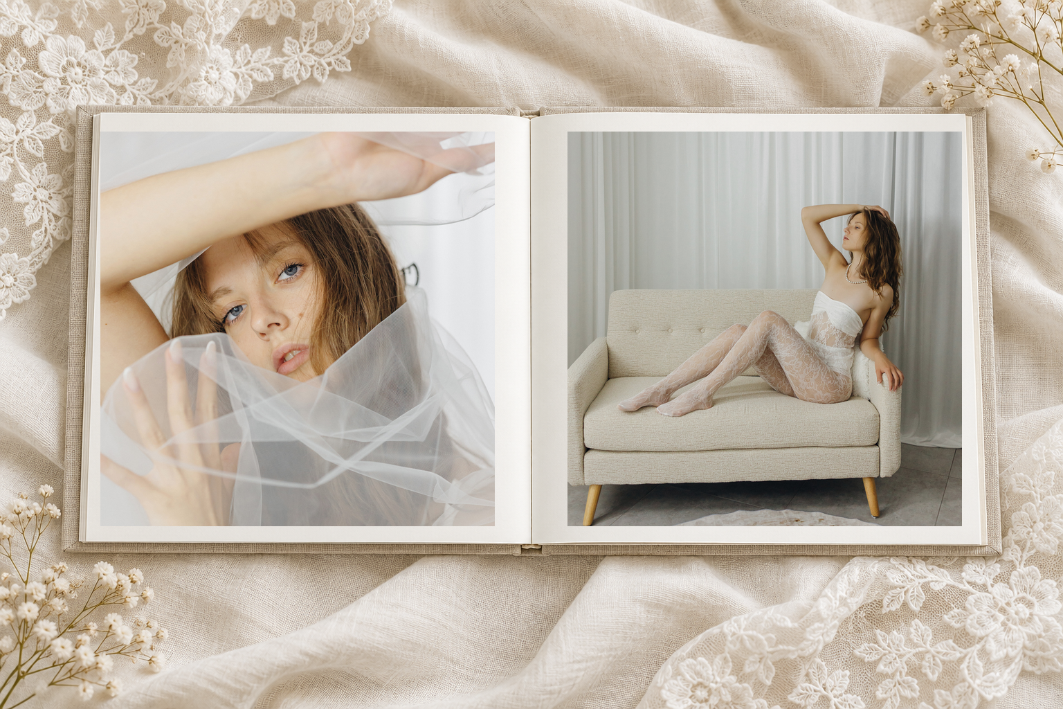 Offenes Fotobuch mit Porträt und Ganzkörperaufnahme aus einem Bridal-Boudoir-Shooting